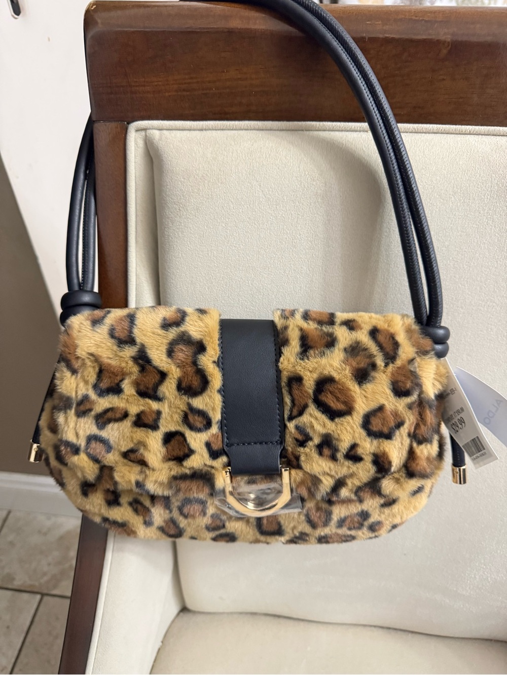Aldo Leopard Print Faux Fur Shoulder Bag with Black Strap